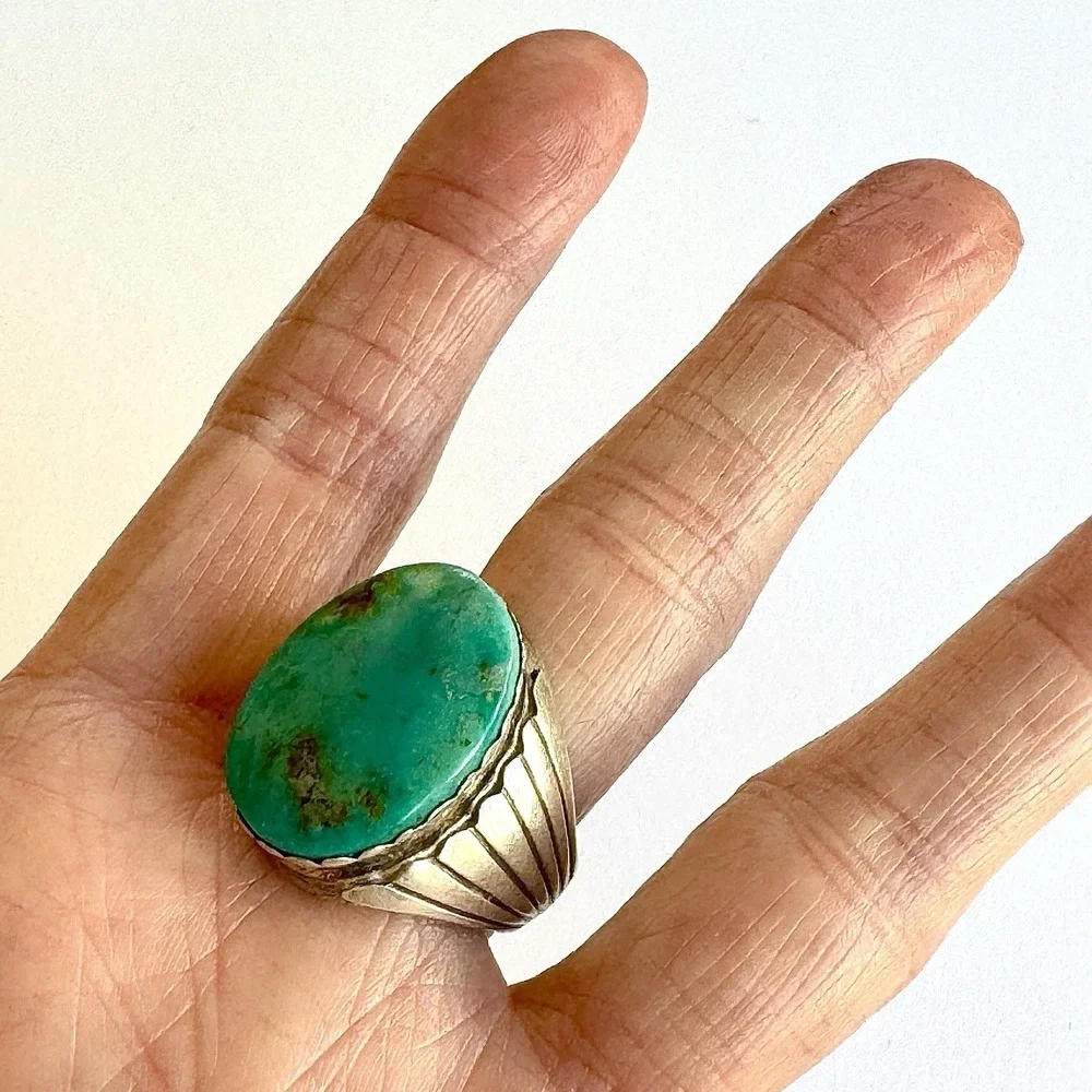 Big Navajo Mens Turquoise‎ Ring Sz 11 Signed Alvery Smith Fans 23g Band Oval